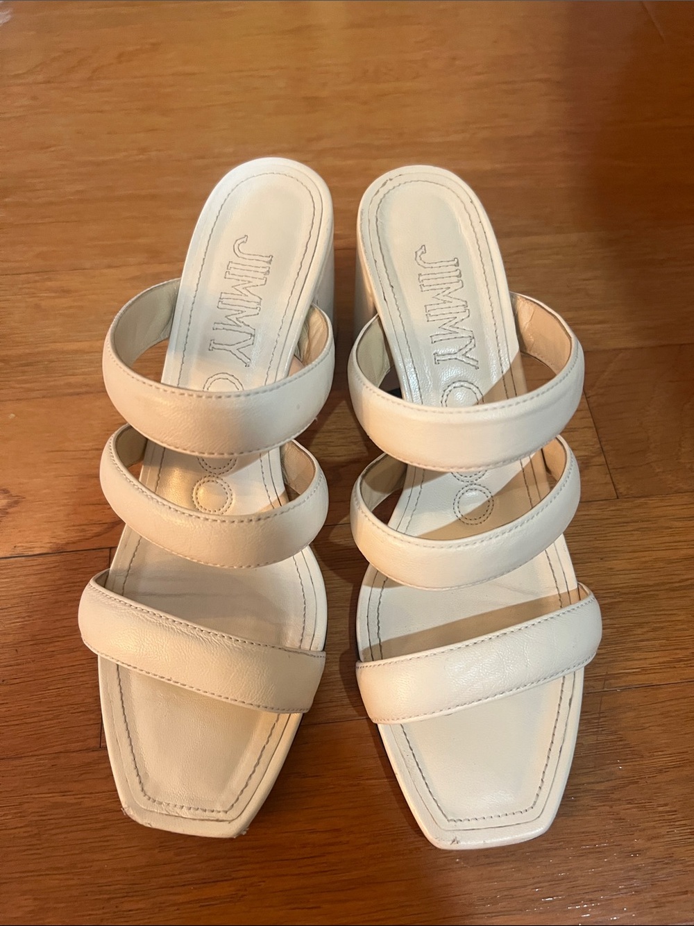 Jimmy Choo Cream Three-Strap Slide Heels